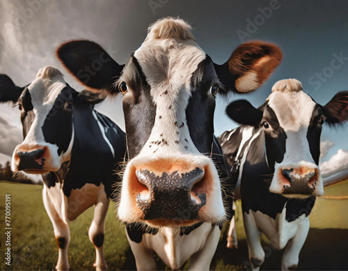Close up na cara de três vacas no pasto fresco de uma fazenda com céu ao fundo.