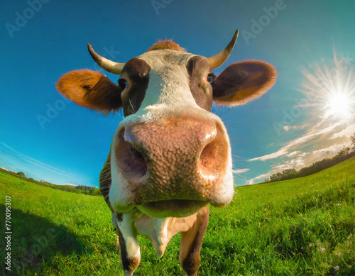 Close up na cara de uma vaca no pasto com céu ao fundo..