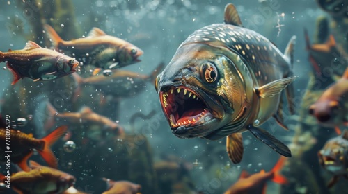 Piranha killer zombie fish swimming on underwater in the river. AI generated image