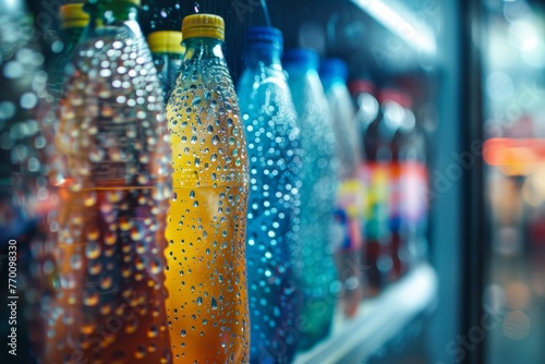 A vibrant display of refrigerated bottles with water droplets, showcasing a refreshing choice of chilled beverages