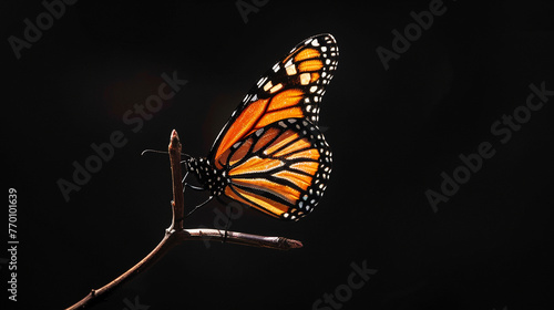 A close-up silhouette of a monarch butterfly perched on a delicate twig, casting a sharp shadow against a deep black background. 