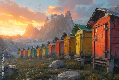 Picturesque scene with vibrant beehives placed in a scenic mountainous landscape during sunset, creating a serene setting