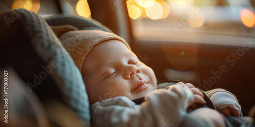 Cute newborn baby sleeping in a car seat. Child safety on a road trip. Traveling by car with kids.