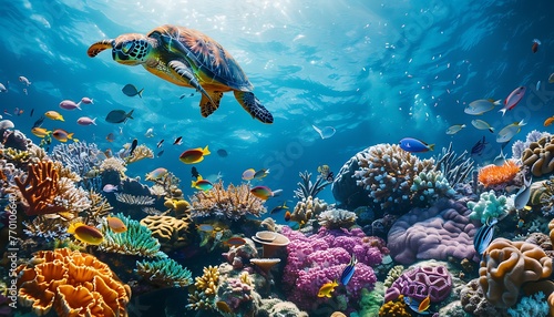 Underwater scene with sea turtle and tropical fish swimming over vibrant coral reef