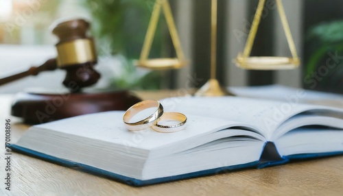 Rings with judge on book on table. 