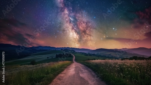 Starry Night Sky Over a Serene Mountain Valley Road