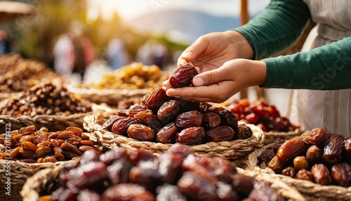 Close up of hands picking dried dates on at local market.