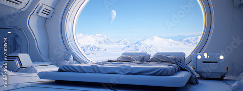 Futuristic bedroom with a large round window looking out onto a snowy mountain landscape.