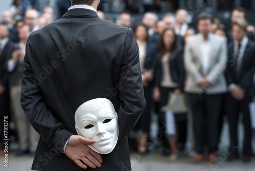 Deception unveiled: Businessman holding mask amidst group