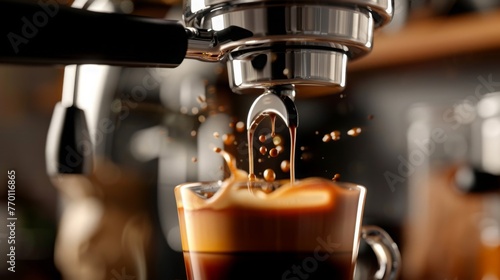 Closeup of an espresso coffee shot being brewed pulled from an espresso machine, crema,