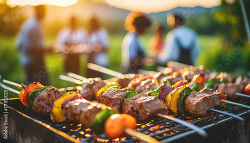 Sizzling skewers on BBQ grill with blurred crowd background, evoking the aroma and joy of outdoor BBQ gatherings
