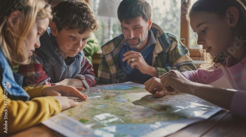 A family sitting around a table with a map discussing and strategizing their evacuation plans in case of a flood emergency emphasizing the need for preparation.