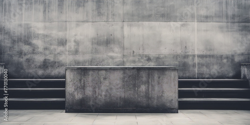 Black and white concrete minimal architectural composition with two benches and a podium in the center.