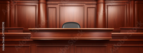 Classical interior of a courtroom with a judge's chair and a wooden judge's bench in a 3D illustration.