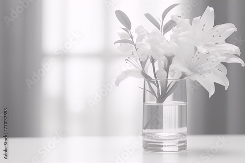 Black and white photo of a glass vase with white lilies on a white table with a blurred background