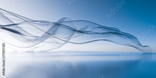 Serene Abstract Concept of Elegantly Curved Transparent Sheets Floating Above a Smooth Blue Surface 3d image