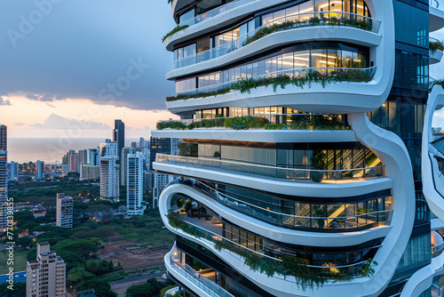 A modernist high-rise building with a dynamic facade, rooftop gardens, and panoramic views of the city.