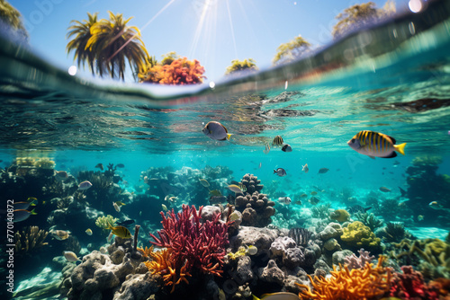fresh and pure human with A mesmerizing tapestry of life unfolds within vibrant coral reef, as a bustling community of fish, with their diverse species and schools, creates a lively underwater neighbo