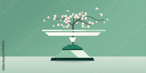 Minimalistic illustration of a bonsai tree on a balance scale with a green background