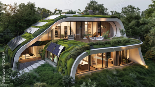 A futuristic eco-friendly home with solar panels and a living green roof.