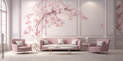 Elegant pink living room with sofa and armchairs in classic interior style