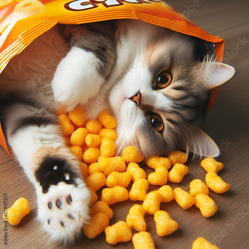 Hungry Healthy Energetic Pet Cat Kitten Animal Laying on its' Back Inside with Paws Sticking Out Inside a Foil Food Package Bag, Delicious Tasty Dry Cheese Corn Puffs. Domestic Balanced Diet Home Life