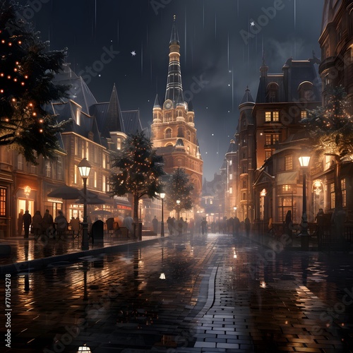 Digital painting of a rainy night in Gdansk, Poland.