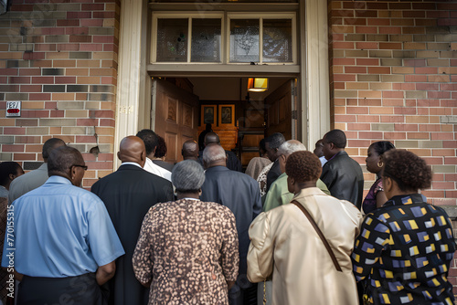 A group of people going into their Church's social hall.