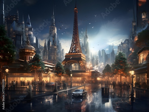 Eiffel Tower in Paris at night, panoramic view