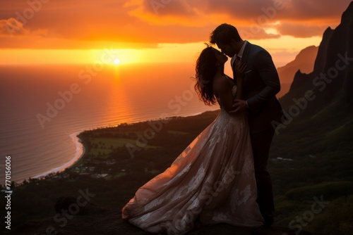 Newlywed couple embracing at sunset on a tropical island cliffside, creating a romantic scene with stunning ocean views. Ideal for wedding albums or travel brochures.