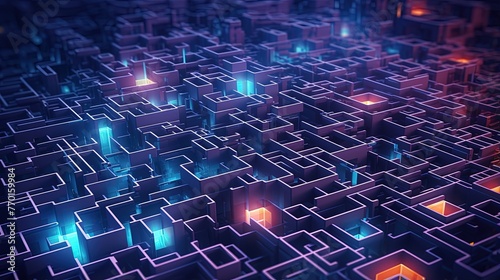 abstract pattern resembling a complex maze structure with neon light trails