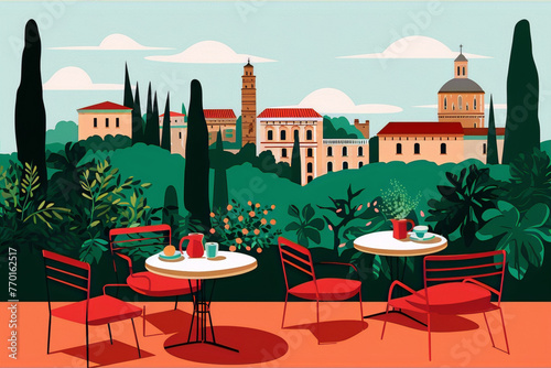 Cityscape with red chairs and tables on a terrace in a lush garden with a view of the city in the background, flat vector illustration