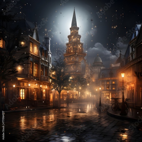Illustration of the old town of Gdansk at night, Poland