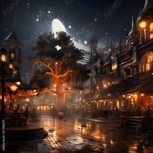Digital painting of a night street in the old town of Chiang Mai