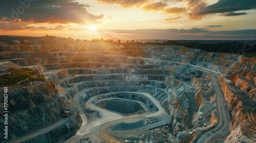 The warm glow of the setting sun bathes an open-pit mine, where heavy machinery continues its excavation work amidst the vast landscape.