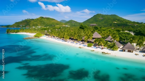 Aerial view of beautiful tropical beach at Seychelles.