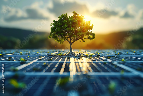 A youthful, colorful tree emerging from the middle of a solar panel field, signifying the expansion of renewable energy sources and a sustainable, carbon-free future