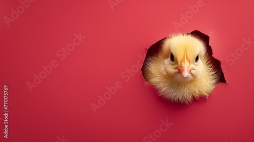 Little yellow chicken peeking out of a hole in red wall background. Happy Easter concept.