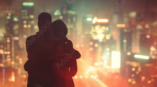 A pair of silhouetted figures embrace in a warm hug as they reunite in the midst of the bustling futuristic city. . .