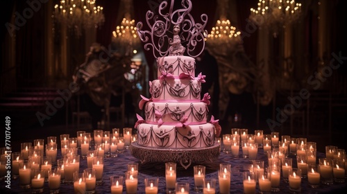 Victorian ballroom masquerade cake with edible masks, crystal chandeliers, and candles shaped like candelabras, set against a backdrop of opulent ballroom d?(C)cor and elegant dancers.