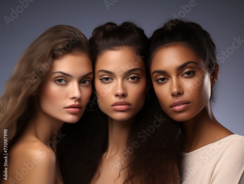 3 beautiful young women with different hairstyles and makeup, Ai Generated