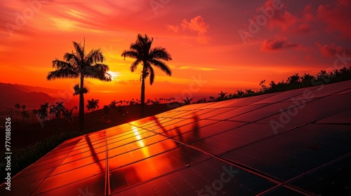 A sunset view of a tropical island with palm trees silhouetted against a red and orange sky. In the foreground a series of solar panels . .