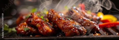 Sizzling barbecue ribs on grill with smoke - Close-up of delicious BBQ ribs cooking with marinade on grill, showing smoke and vibrant colors of food