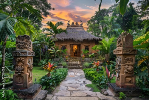 Tropical hut with totem sculptures at dusk - Lush garden frames a thatched-roof tropical hut with intricate totem sculptures and a welcoming entrance path at dusk