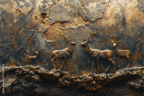 In the cave wall, there is an ancient relief of deer and flocks on the cliff side. The golden texture contrasts with dark rocks to create a strong three-dimensional effect. Created with Ai