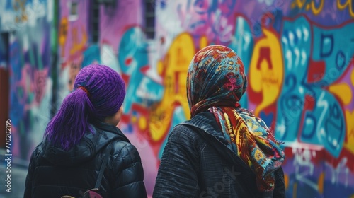 Two women one with purple hair and the other with a colorful headscarf walk past a wall painted with a powerful message in bold letters. . .