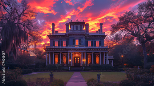 Southern plantation house - sundown - golden hour - antebellum south - plantation - manor 
