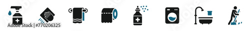 Hygiene icon set. Containing cleaning, disinfection, soap, bathing, sweep icons. Flat health and hygiene icons.