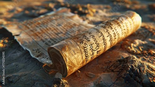 An ancient scroll unrolling to reveal prophecies of doom, the written word predicting the end of an age , 3D illustration