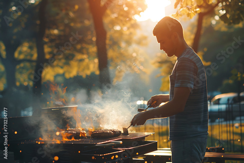 a young man barbecuing on a summer day in the park